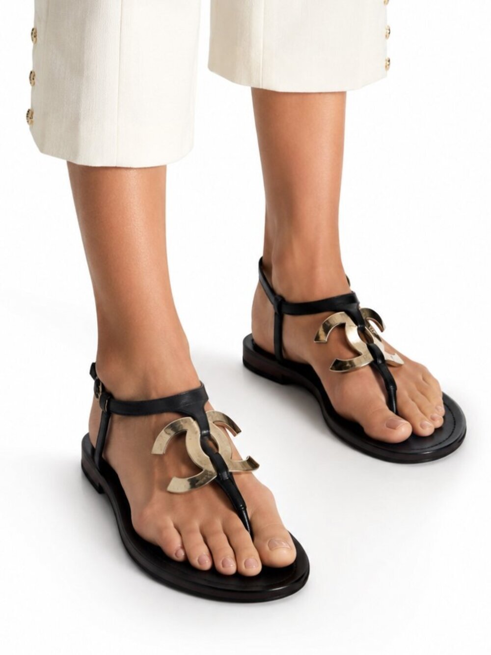 Chanel CC Logo T-Strap Leather Thong Sandals